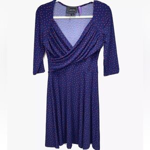 LEOTA WOMEN'S 3/4 SLEEVE DRAPE FRONT FAUX WRAP KNIT DRESS NAVY BLUE RED DOTS